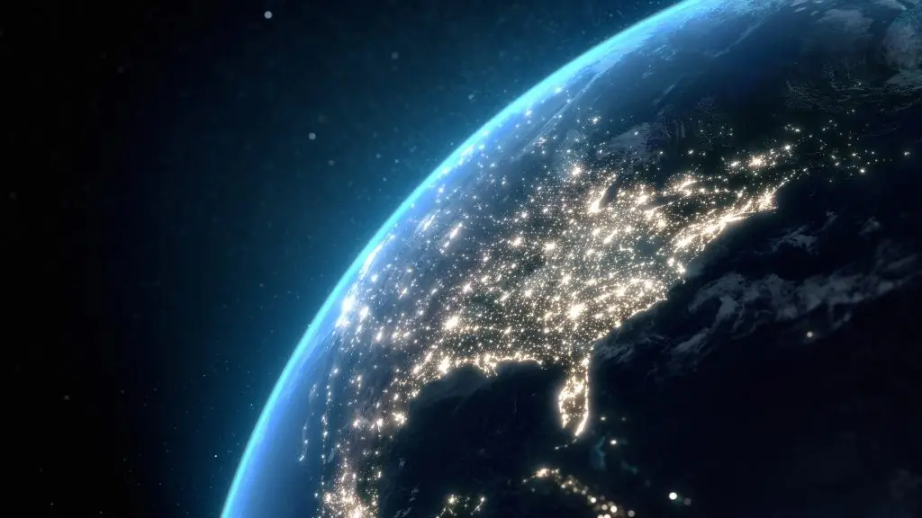 Flying over USA at night with city light illumination. View from space.