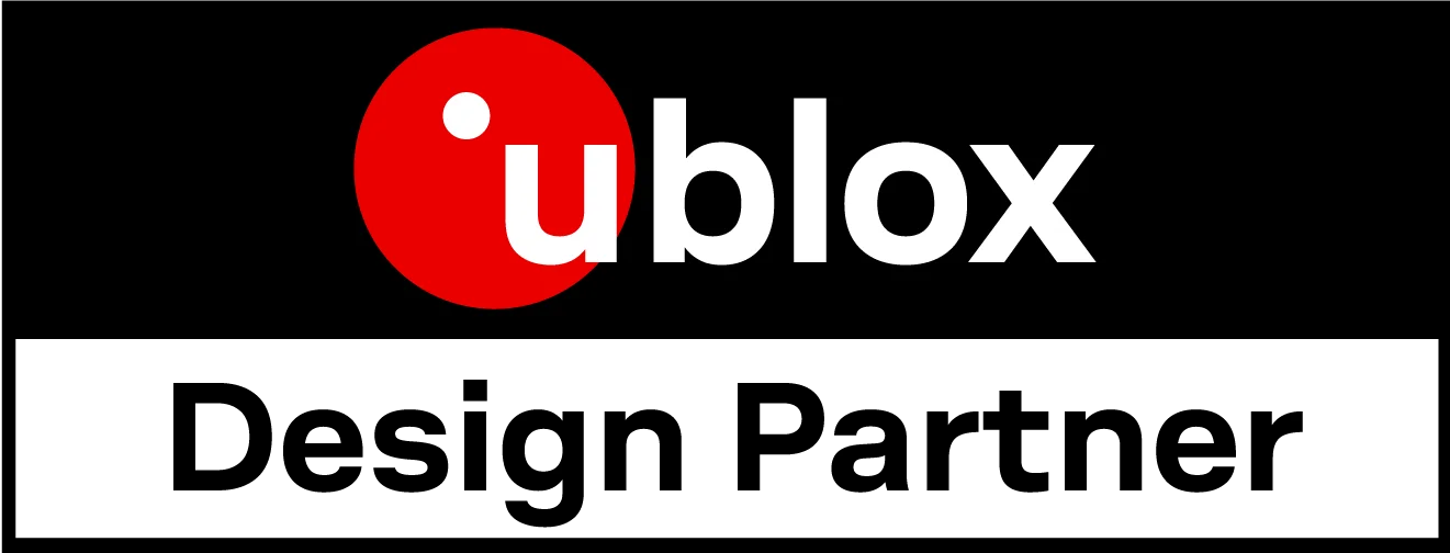 U-blox Design Partner logo featuring a red circle with a white dot above the word 'ublox' and 'Design Partner' written below in black text.