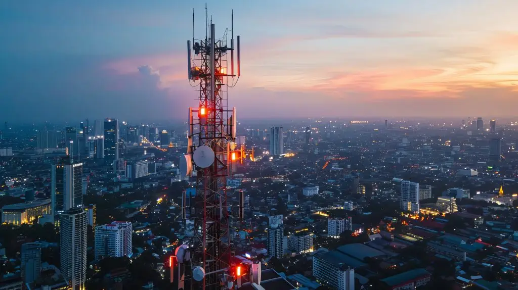 A telecommunications tower lit with red lights stands in the foreground at dusk, with a sprawling cityscape and sunset in the background.