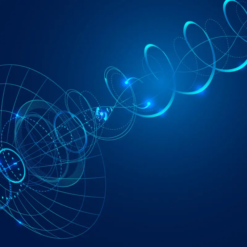 Abstract blue background featuring circular, wave-like patterns and light effects, symbolizing digital or technological concepts.