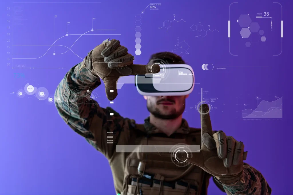 A soldier in camouflage interacting with a futuristic augmented reality interface, touching virtual elements with both hands.