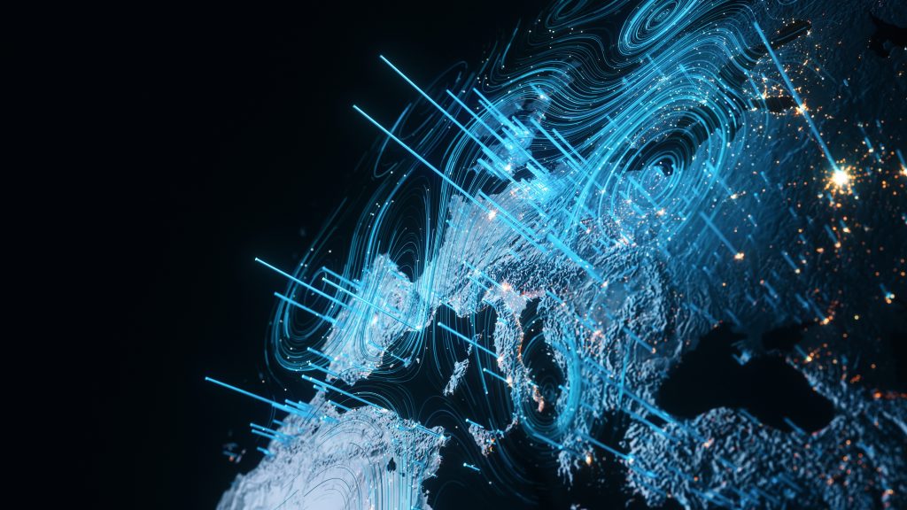 Abstract digital art featuring swirling blue and white lines with glowing light points on a dark background, simulating a complex network or data flow.