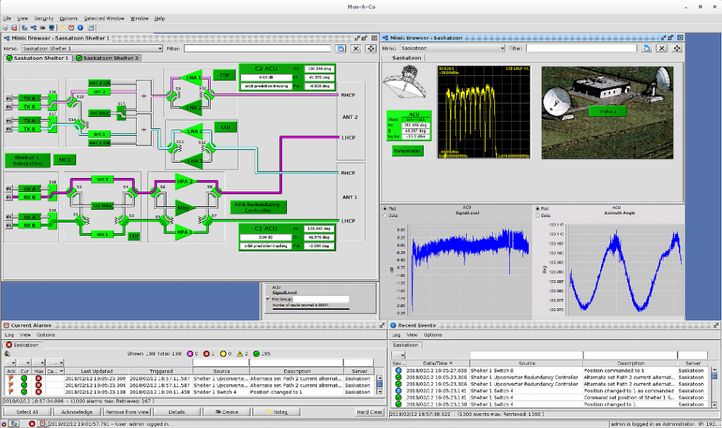 Screenshot of a complex software interface displaying various audio and signal processing modules connected by lines, alongside graphs and image analysis of satellite dishes.
