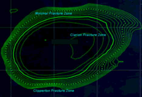 Image of a seabed topographical map showing the Clarion and Clipperton fracture zones, with concentric contour lines indicating underwater terrain features.