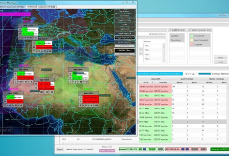 A computer screen displaying a detailed map interface with various data overlays and a side panel showing tables of categorized information. The software appears to analyze or manage geographical data.