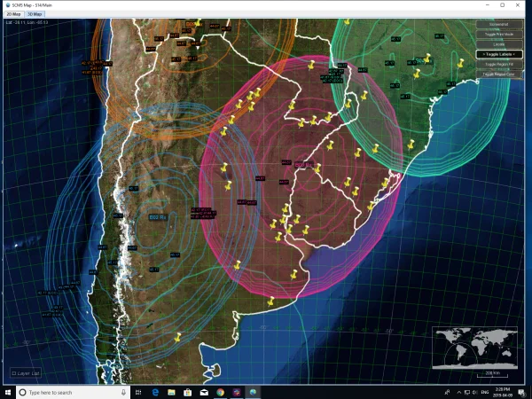 A map showing various colored radar signal ranges over parts of South America. Yellow plane icons indicate different aircraft, and lines represent radar coverage and air routes. A small world map is in the corner.