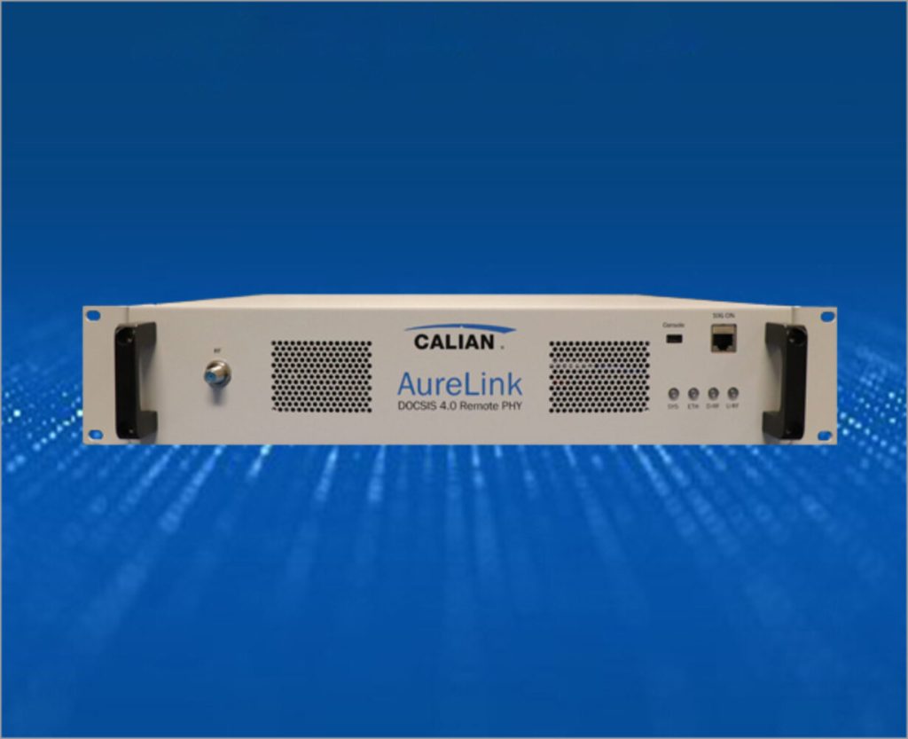Front view of a calian aurelink rack-mountable server unit with various ports and indicators, set against a blue digital background.