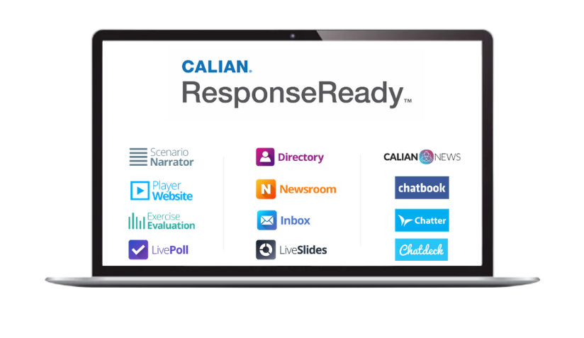 Écran de bureau affichant l'interface « calian. responseready™ » avec divers modules tels que le narrateur du scénario, l'annuaire, la salle de presse et d'autres.