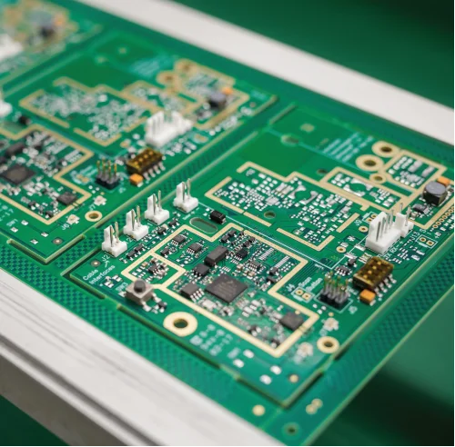 Vue rapprochée d'un circuit imprimé vert comportant divers composants électroniques, notamment des micropuces, des résistances et des connecteurs.