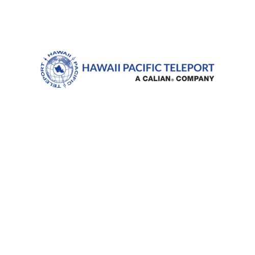 Logo de Hawaii Pacific Teleport, une entreprise californienne, comportant un emblème circulaire avec du texte et un symbole abstrait dans les tons bleus.