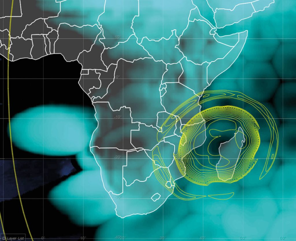 A weather map showing a cyclone with swirling wind patterns over the southeastern coast of Africa, outlined in yellow. The map includes geographical borders within the continent.