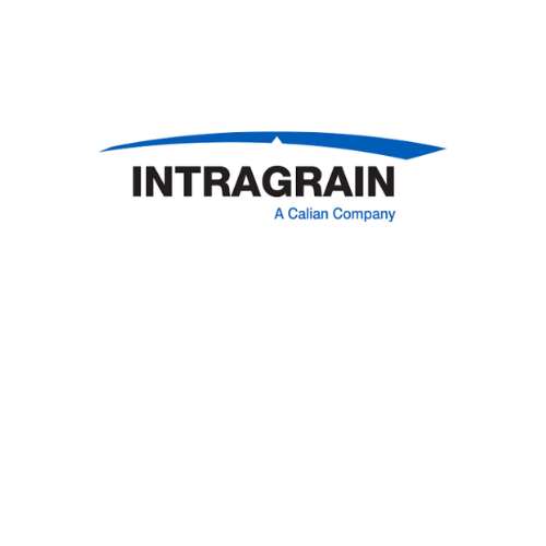 Logo d'Intrgrain représentant un grain bleu stylisé au-dessus du mot « INTRAGRAIN » en majuscules, avec le slogan « A Calian Company » en plus petits caractères.