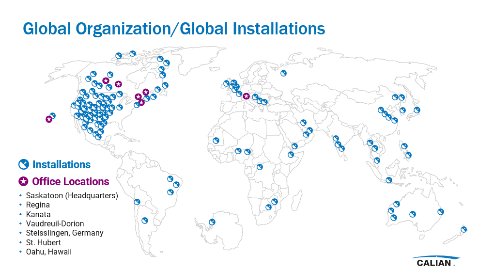 World map showing global installations marked with blue dots and office locations marked with purple icons, listing headquarters and other specific locations.