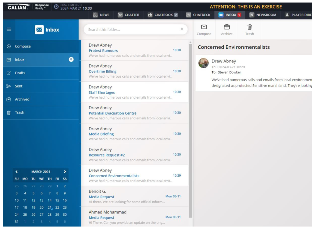 Screenshot of an email inbox with folders on the left and a list of emails primarily from Drew Arney regarding environmental concerns and data requests.