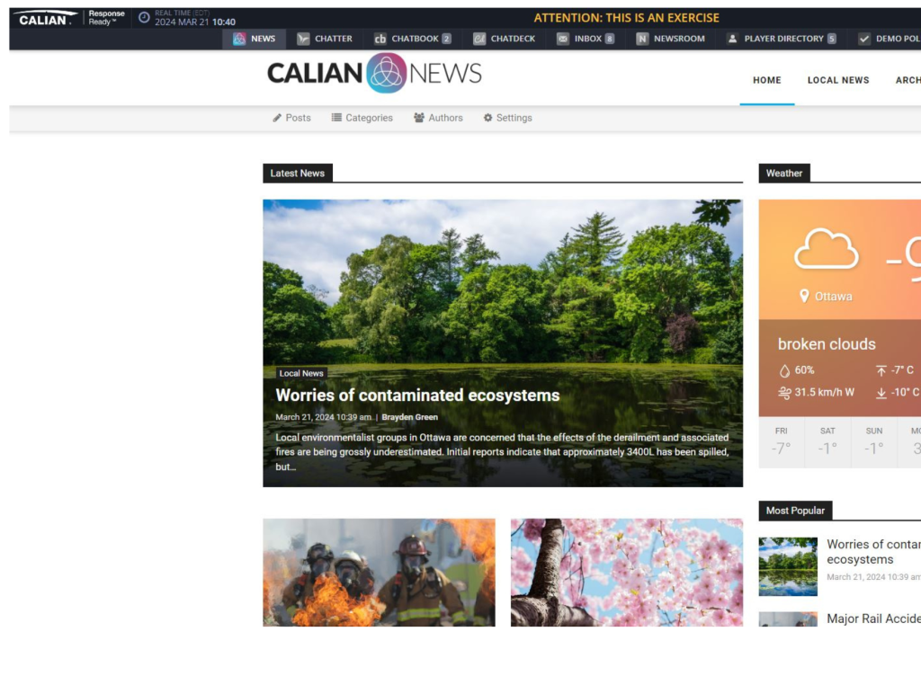 News website homepage displaying latest articles on environmental issues and local fires, with weather updates on the right.