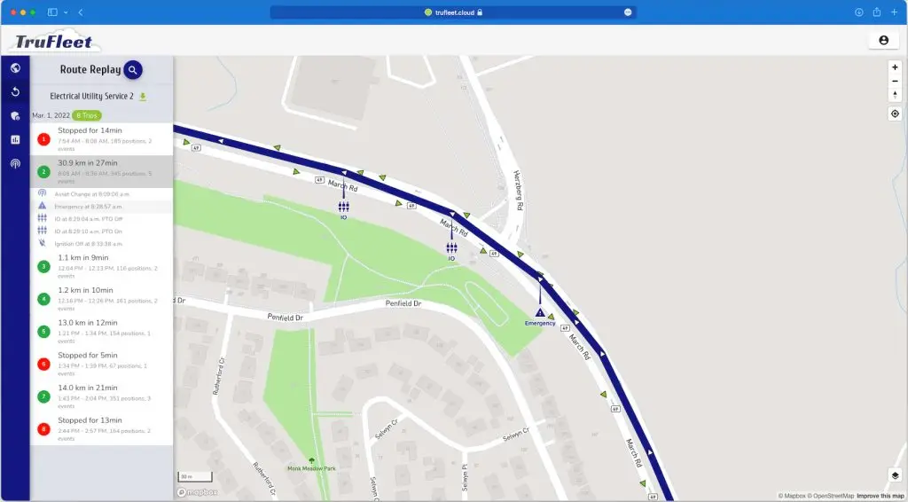 A map showing a vehicle's route replay with multiple stops indicated. The route is highlighted in blue with specific timestamps and durations listed for each stop on the left sidebar.