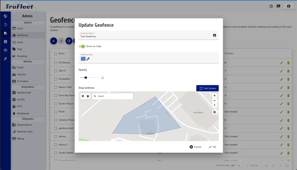 A geofence setup screen in a fleet management software. A polygonal geofence area is displayed on a map with options to show on map, select color, adjust opacity, and draw geofence.