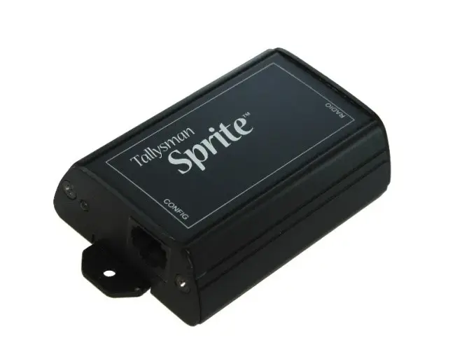 A black electronic device labeled "Tallysman Sprite" with connector ports and indicator lights.