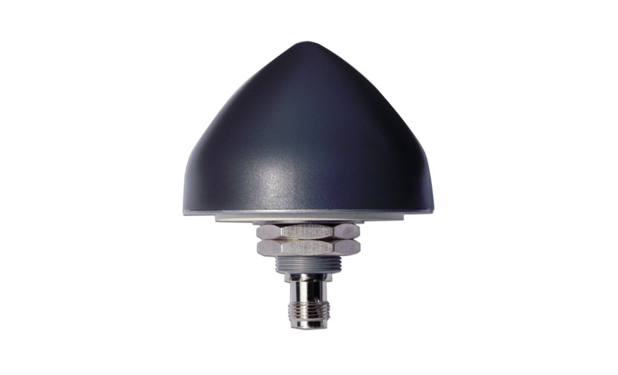 A black conical GPS antenna with a metallic base and screw fitting, isolated on a white background.