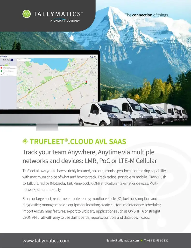 Une publicité pour TruFleet Cloud AVL SAAS de Tallymatics avec une image de véhicules, une carte sur un écran et une liste de fonctionnalités pour le suivi des équipes et des actifs. Des informations de contact sont fournies au bas de la page.