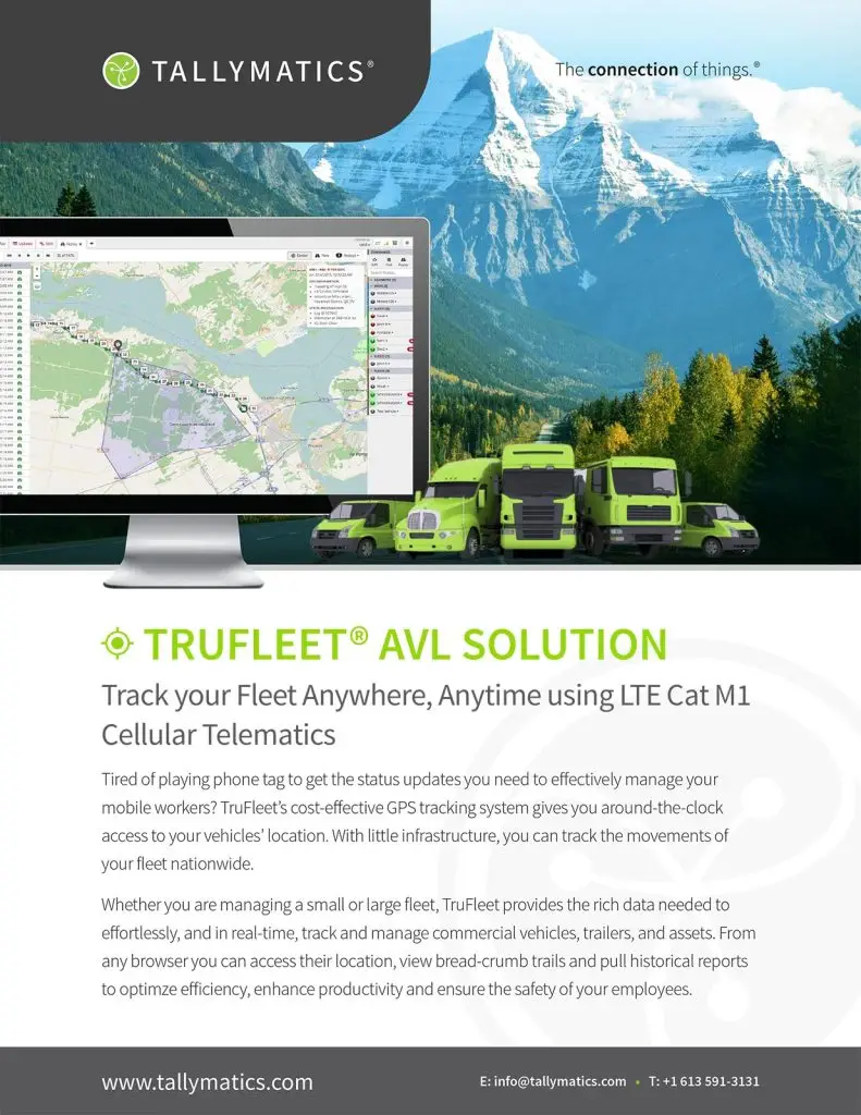 Advertisement for Tallymatics featuring TruFleet AVL Solution. Shows a fleet of green vehicles and details features like LTE Cat M1 Cellular Telematics for tracking fleet movements and accessing location data.