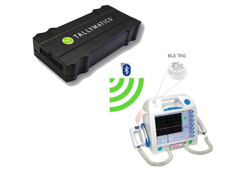 Image showing a black Tallymatics device, a Bluetooth Low Energy (BLE) tag, and a white and blue cardiac monitor with wired sensors. The BLE tag appears to interact with both devices via Bluetooth.