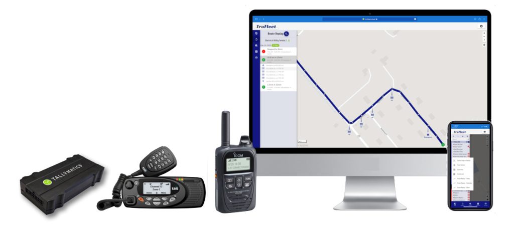 A collection of communication devices including two-way radios, a vehicle tracker, and a desktop computer and smartphone displaying a map interface on their screens.