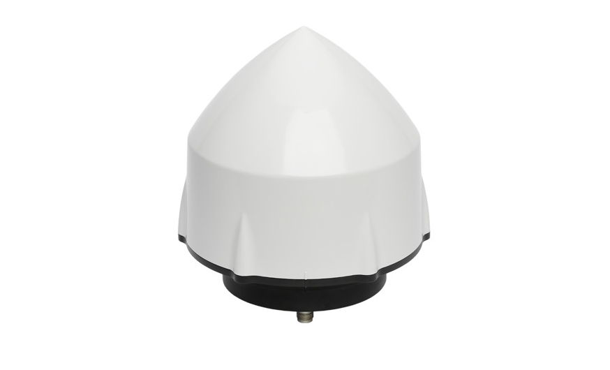 White dome-shaped GPS antenna isolated on a white background.