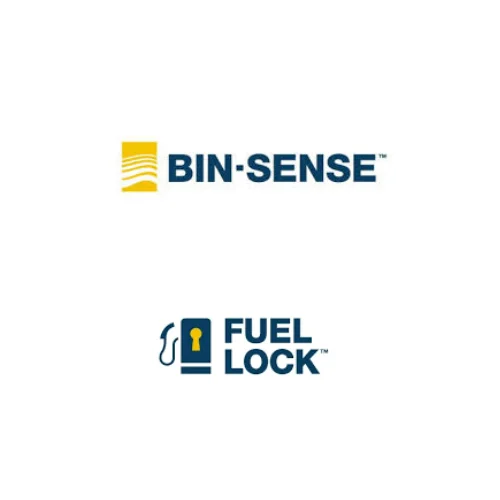 Logos of BIN-SENSE and FUEL LOCK. The BIN-SENSE logo includes stylized yellow lines on the left, while the FUEL LOCK logo shows a fuel nozzle and a padlock on a blue icon.