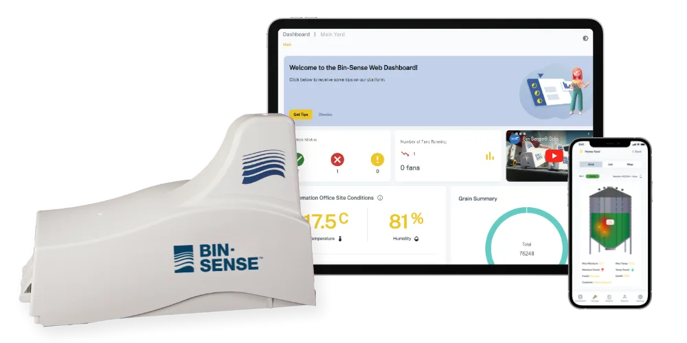 Bin-Sense monitor displayed alongside a tablet and a smartphone. The tablet shows a dashboard interface while the phone displays a grain monitoring app.