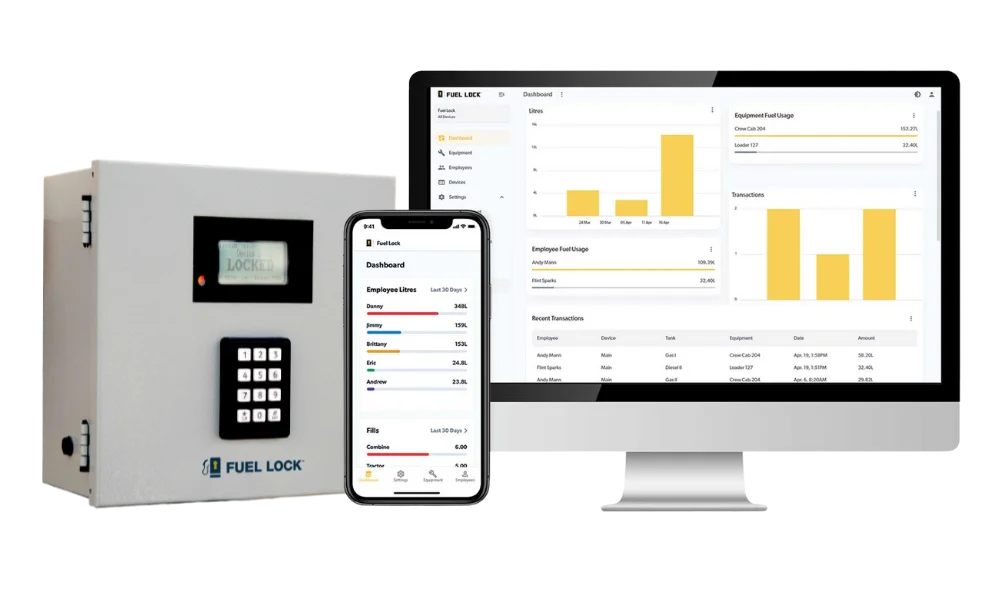 A fuel management system showing a secure access device, a smartphone app interface, and a computer monitor displaying business analytics and transaction data.