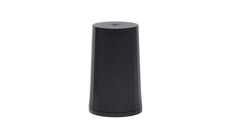 Black cylindrical smart speaker isolated on a white background.