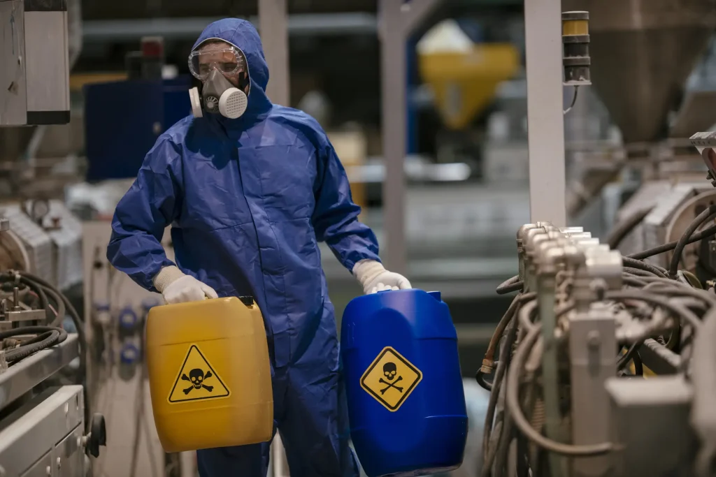 A worker in protective gear, including a face shield and respirator, carries yellow and blue hazardous material containers in an industrial facility.