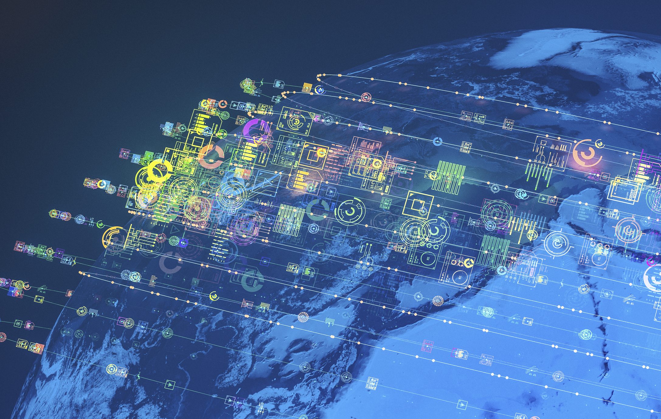 Des icônes de données numériques et de technologie se superposent à une vue de la Terre depuis l'espace, indiquant la connectivité mondiale et la communication en réseau.