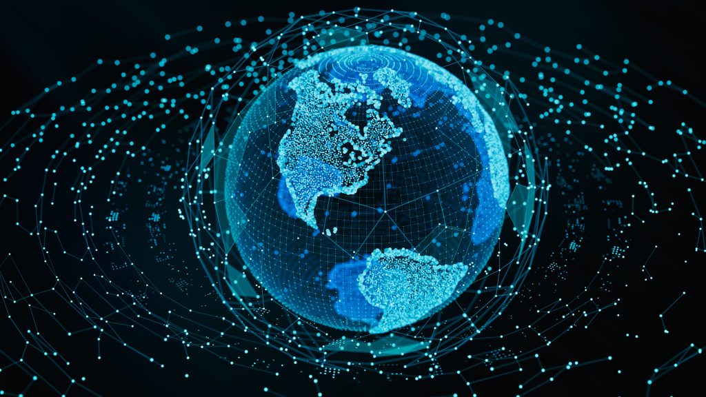 A digital 3D rendering of Earth with glowing blue lines and nodes, representing a network or data connectivity, set against a dark background.