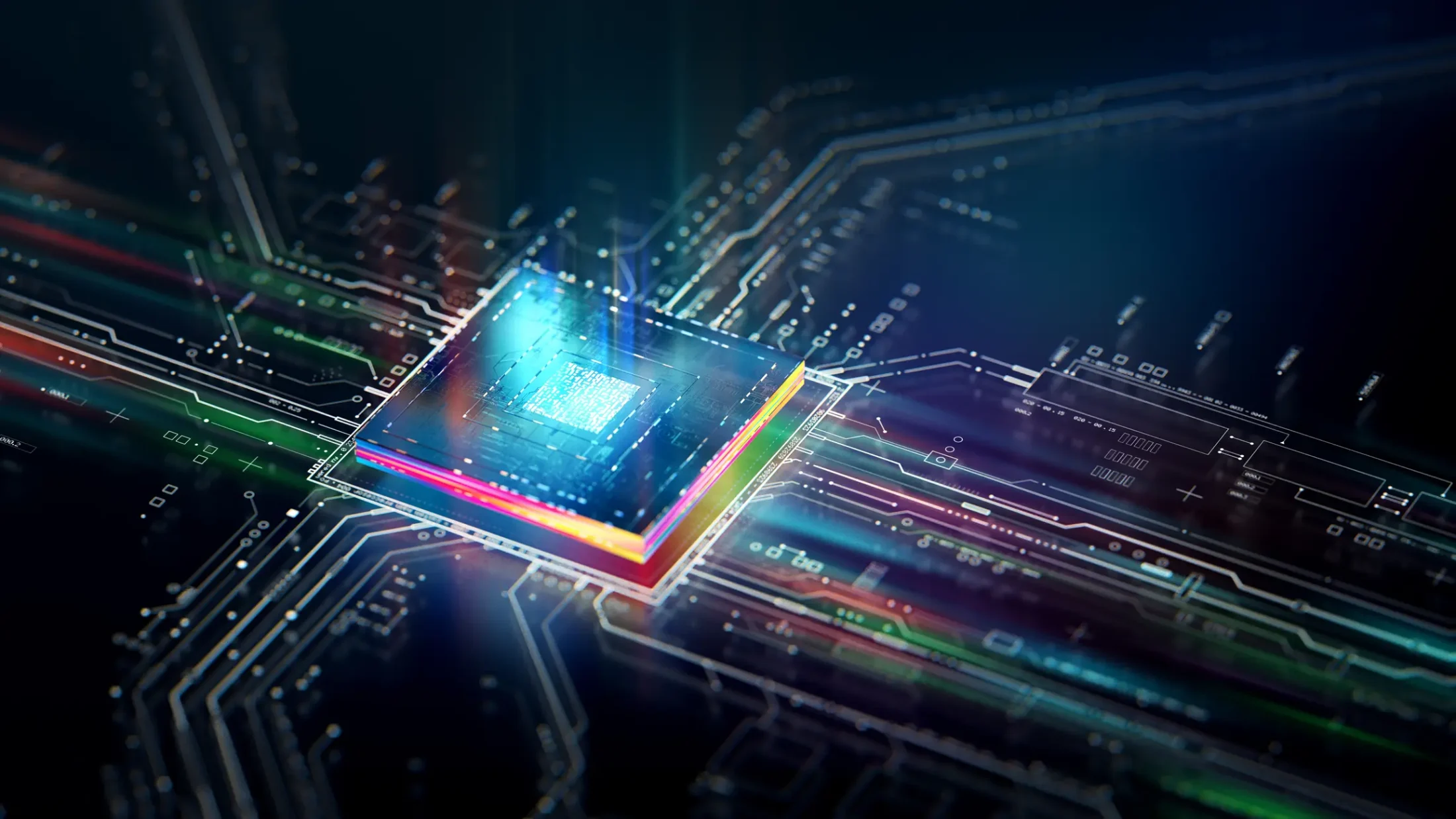 A brightly lit microchip is surrounded by colorful circuitry pathways, representing an electronic circuit board.