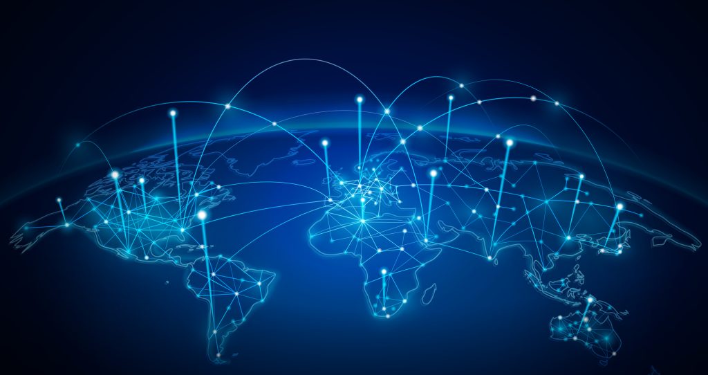 A world map with glowing blue lines and nodes representing global connectivity and digital communication networks.