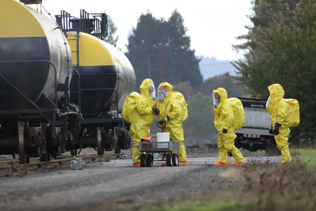 Emergency responders in yellow hazmat suits inspect a railway tank car accident, using equipment on a cart, with rural landscape in the background.
