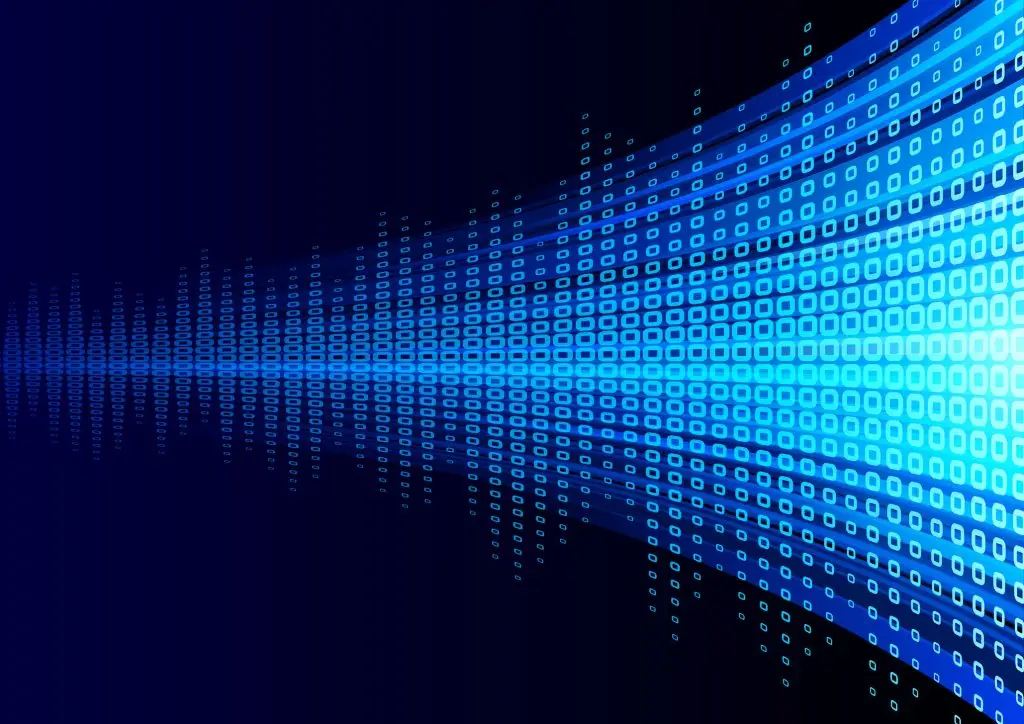 Code binaire en bleu, circulant en ondes sur un fond sombre, symbolisant le transfert de données ou la communication numérique.