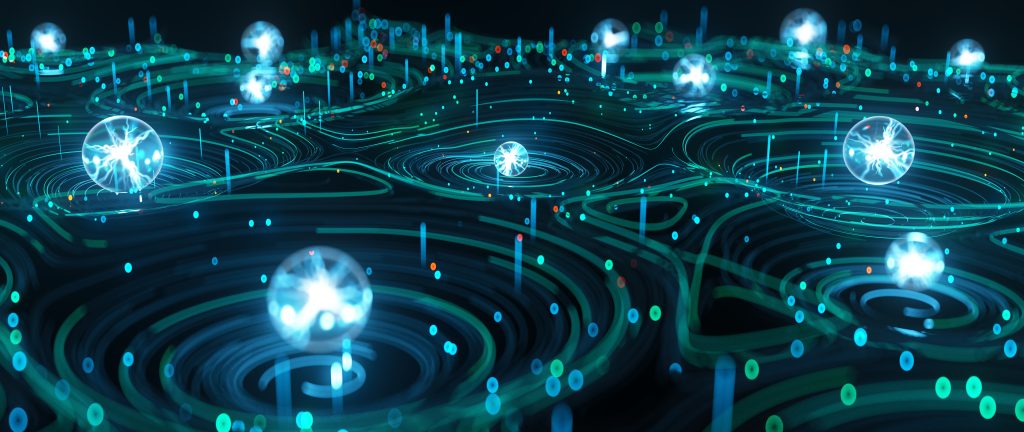 Futuristic digital cityscape with glowing neon lines and concentric circles, dotted with illuminated nodes, representing a network or data visualization.