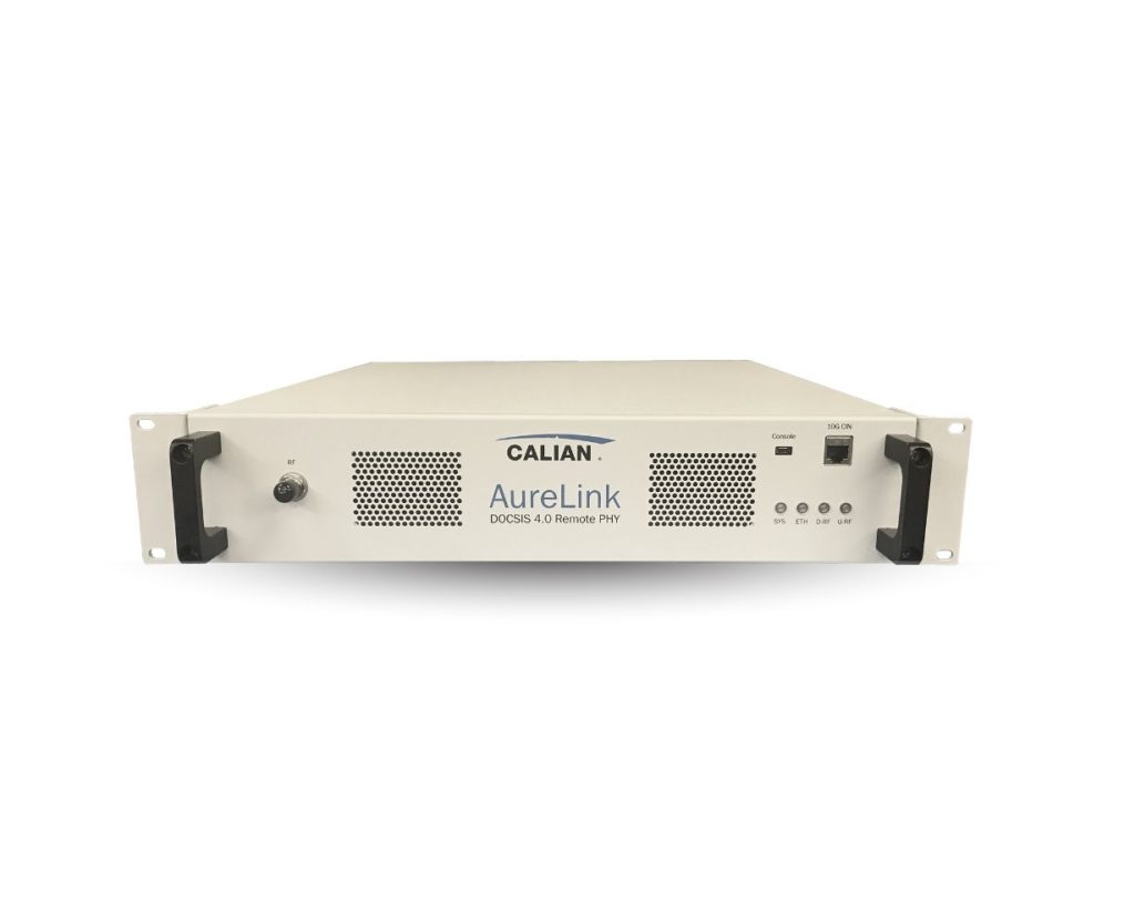 Front view of a calian aurelink rack-mountable server unit with various ports and indicators, set against a blue digital background.