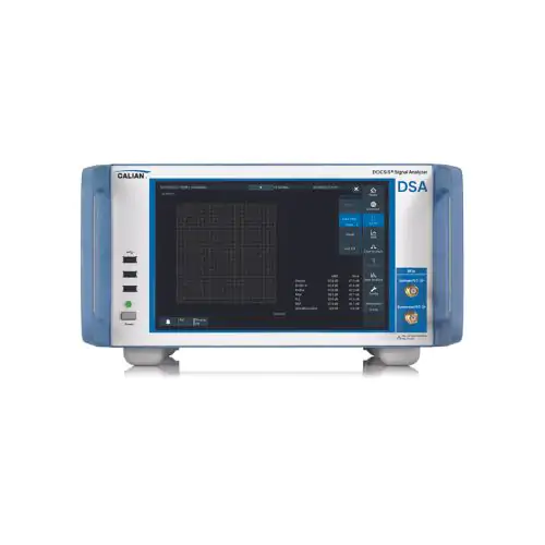 A signal analyzer with a blue and white casing, featuring a handle on the side, USB ports, a display screen, and buttons for control.