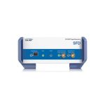 A rectangular electronic device with blue sides and a white front panel labeled "ROHDE & SCHWARZ SFD – DOCSIS® Signal Generator" featuring various ports and connectors.