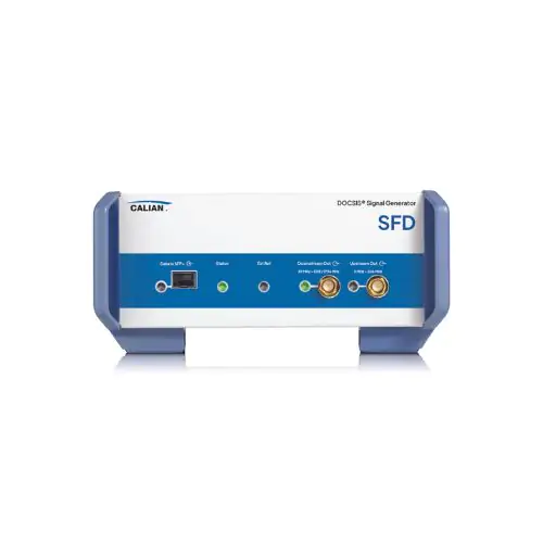 A rectangular electronic device with blue sides and a white front panel labeled "ROHDE & SCHWARZ SFD – DOCSIS® Signal Generator" featuring various ports and connectors.