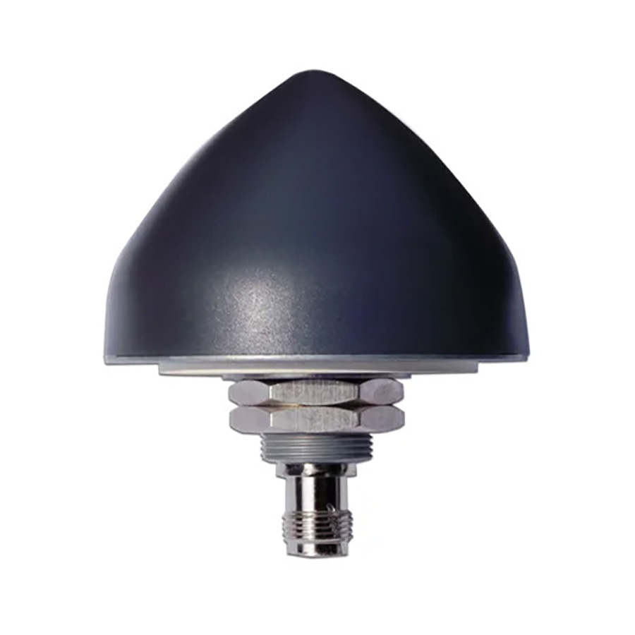 A black, dome-shaped GPS antenna with a metallic base and connector.