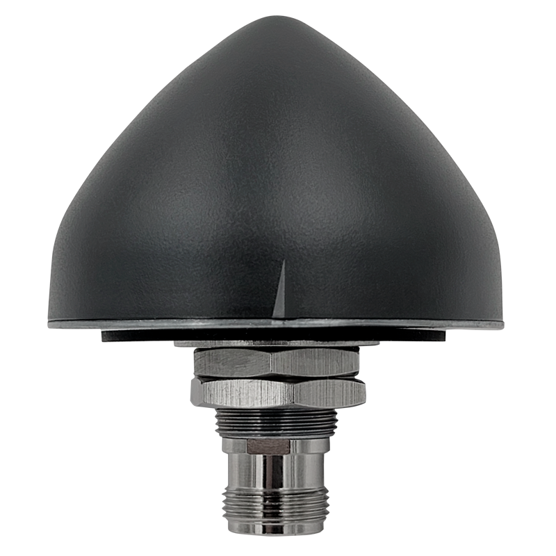 A black, dome-shaped GPS antenna with a metallic base and connector.