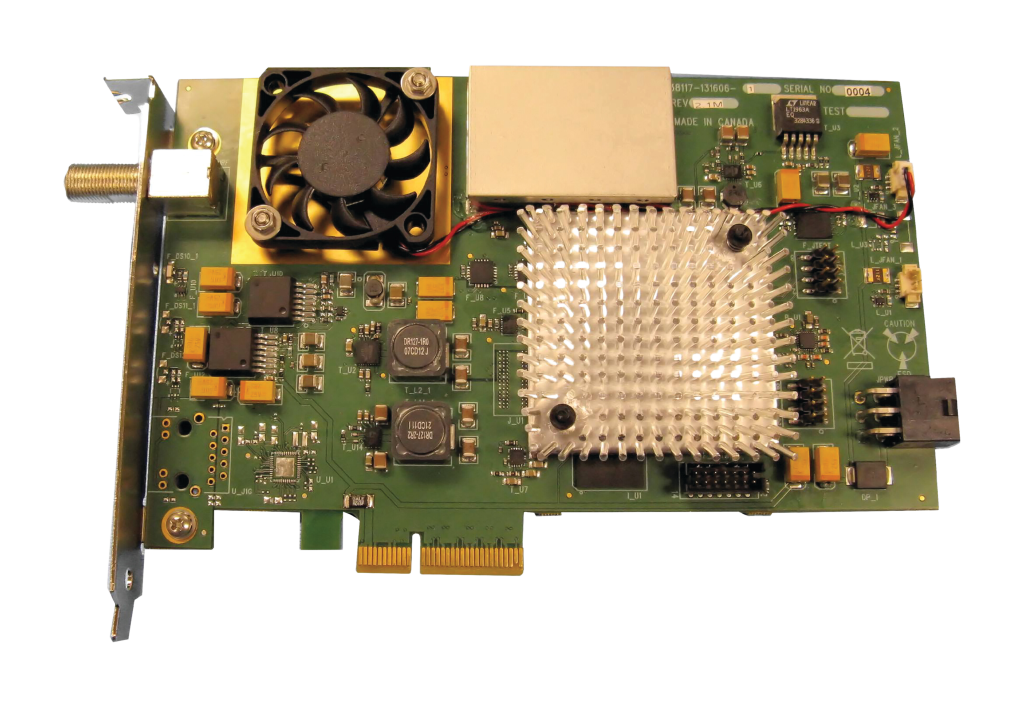 A printed circuit board with a cooling fan, heatsink, various electronic components, and connectors on a green base.