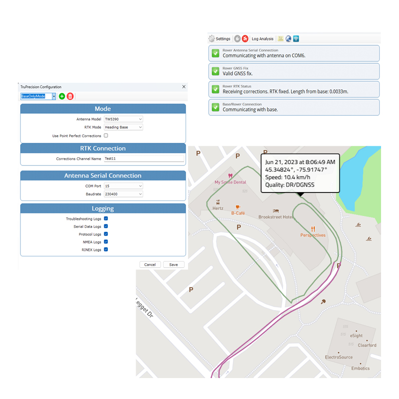Collage montrant un écran de configuration de dépannage pour une antenne, des messages d'état de sa connectivité et une carte avec des coordonnées, la date, l'heure, la vitesse et des annotations sur le mode GNSS/DR.
