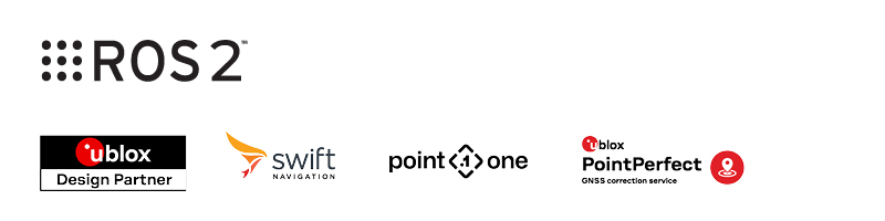 Logos de ROS 2, u-blox Design Partner, Swift Navigation, Point One, et u-blox PointPerfect GNSS correction service.