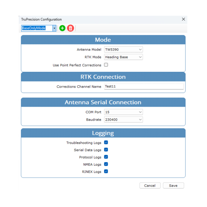 Capture d'écran de la fenêtre de configuration de TruPrecision affichant les paramètres pour le mode, la connexion RTK, la connexion série de l'antenne et les options d'enregistrement avec les champs remplis et les boutons de sauvegarde/annulation.